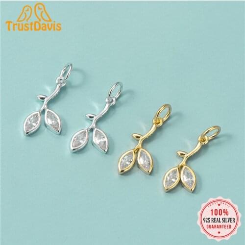TrustDavis Real 925 Sterling Silver Fashion Minimalist Leaves CZ Charm Pendant Handmade DIY Accessories Fine Jewelry HY332