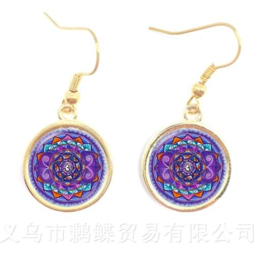Vintage Fashion Gril Women Mandala 16mm Glass Cabochon Earrings Buddhism Zen Charm Jewelry
