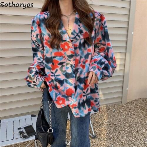 Women Shirts Puff Sleeve Single Breasted Floral Tie Dye Stylish Retro Sweet Hipsters Casual Teens Streetwear Ulzzang Blouses Hot
