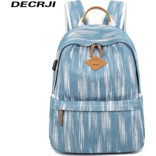 DECRJI Women External USB Charge Backpack Canvas Backpack female Mochila Escolar Laptop Backpack School Bags For Teenagers Girl