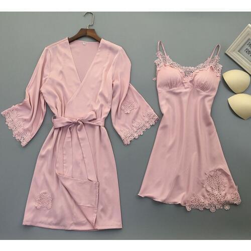 Spring summer new sexy halter belt nightgown suit wholesale imitation silk home clothes with chest cushion pajama Suit 2PCS