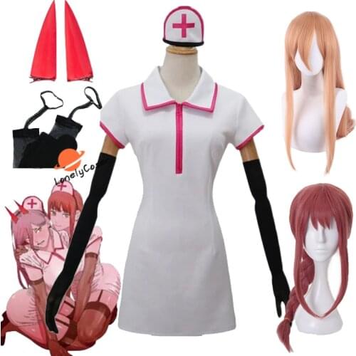 Anime Chainsaw Man Makima Power Cosplay Costume Wig Nurse Suit Hat Hairpin Socks Halloween Party Role Play Uniform Girls Women