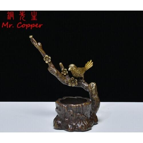 Antique Bronze Plum Tree Magpie Bird Statue Miniature Desktop Decoration Ornament Pure Copper Chinese Classical Incense Burner