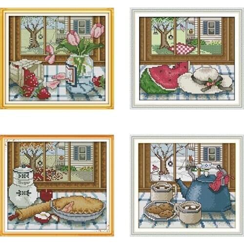 Four seasons scenery outside the window 14CT 11CT cross stitch kit printed canvas embroidery set DIY handmade home decoration