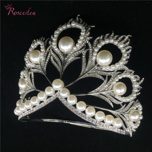 Hot actual size Miss Universe Pageant Crown rhinestone pearls feather full circle round big Crowns tiaras RE484C