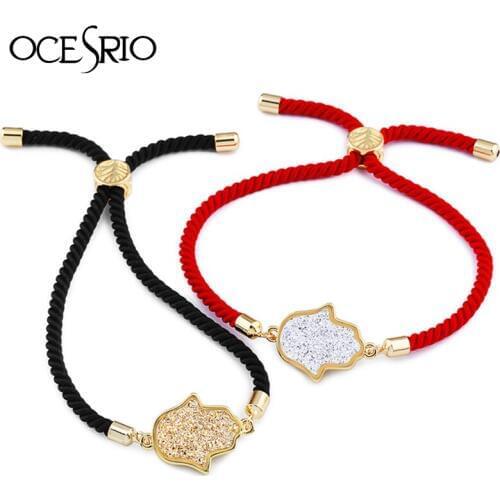 OCESRIO Handmade Fatima Hamsa Bracelets Red Crystal Druzy Beads Red Bracelet Women for Lucky Couple Friendship Jewelry brt-b46