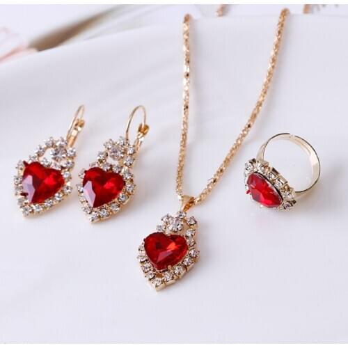 Jewelry sets earring ring necklace Heart shape 5 color crystal setting gold color plated metal chain bride wedding jewelry