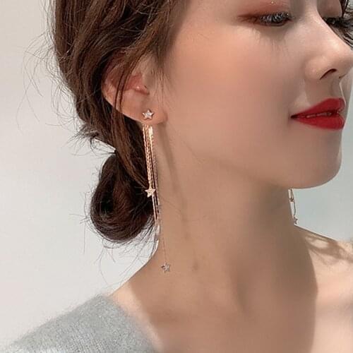 Korean Version Of Star And Moon Hanging Metal Earrings Five-pointed Star Tassel Female Fashion Earrings Simple And Sweet Jewelry