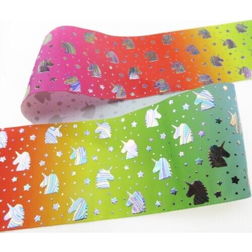 100 yards 75mm 3" heat transfer unicorn grosgrain rainbow silver foil printed unicorn ribbon for wedding DIY accessories