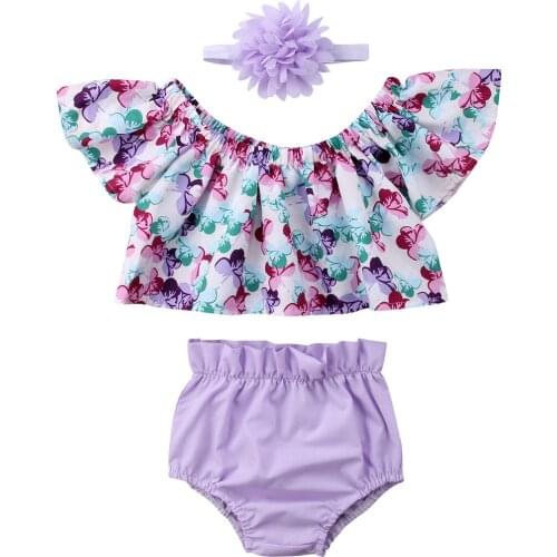 Citgeett Summer Toddler Baby Girls Off Shoulder Purple Floral Tops Shorts Outfits 3Pcs Summer Cute Clothes