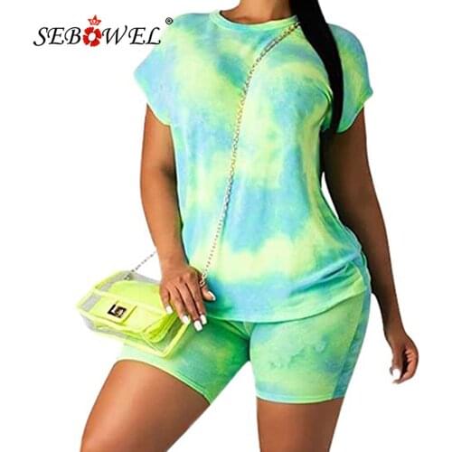 SEBOWEL Summer Womans Fluorescent Contrast Color Tracksuit 2 Piece Sets Casual Female Short Sleeve T-shirt Tee + Shorts Outfits