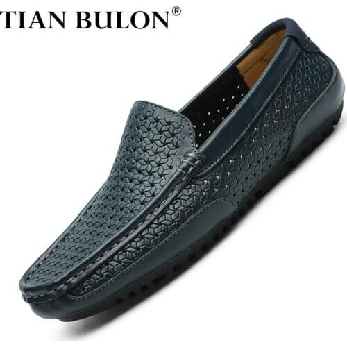 Men Casual Shoes Luxury Brand Summer Genuine Leather Mens Loafers Moccasins Hollow Out Breathable Slip on Driving Shoes Zapatos