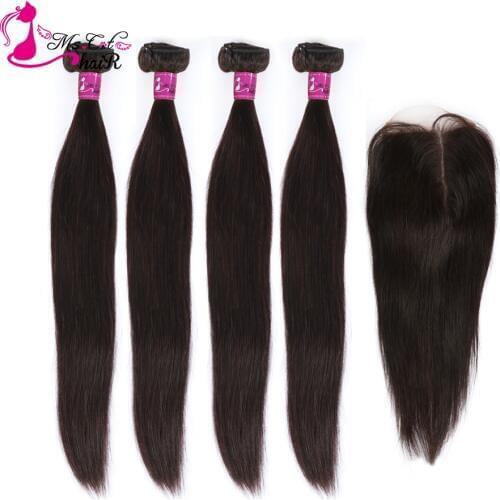 Ms Cat Hair Straight Peruvian Hair Bundles With Closure Remy Hair Weave 4 Bundles & Lace Closure Human Hair Bundles With Closure