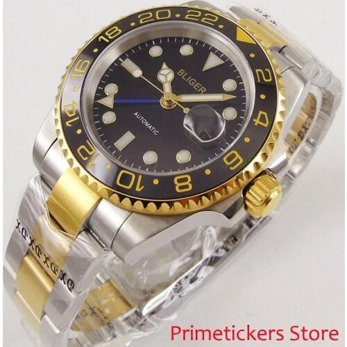 40mm bliger black dial sapphire glass golden plated stainless steel strap blue GMT pointer date automatic mens watch
