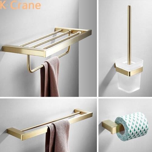 Brush Gold Bathroom Accessories Set Wall Mount Bath Towel Shelf Dual Layer Rack WC Roll Paper Hanger Soap Holder Basket Holders