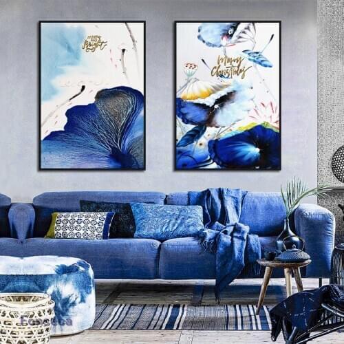 New Chinese Style Blue Ink Lotus Animal Flying Bird Poster Combination of Chinese and Western Canvas Painting On The Wall