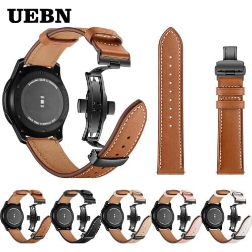 UEBN 22mm Black Butterfly clasp Leather Band for Samsung Galaxy Watch 46mm Active Bracelet Strap for Gear S3 Classic watchband