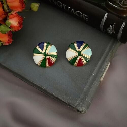 Retro French simple light luxury drop glaze enamel versatile 925 silver pin Earrings round cool wind stud Earrings