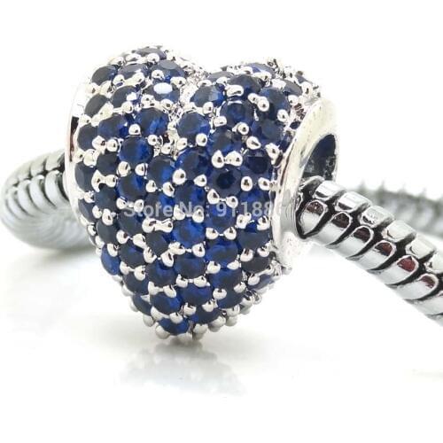 Silver Color Pave Blue cz Heart Beads Charm DIY Women Bracelets Jewelry Making Charms bead Fits Pandora Style Bracelets Bangles