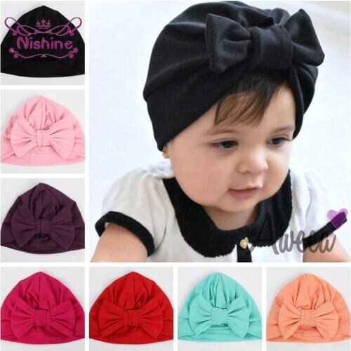 Nishine 1PCS Cotton Blend Hair Bow Knot Kids Turban Hat Big Ear Knot Newborn Beanie Caps Headwraps Birthday Gift Photo Props