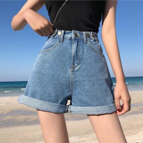 Womens Summer Denim Shorts Caual Korean Style Blue Vintage High Waist Wide Leg Shorts Female Jeans 2021 New Short Pants Woman