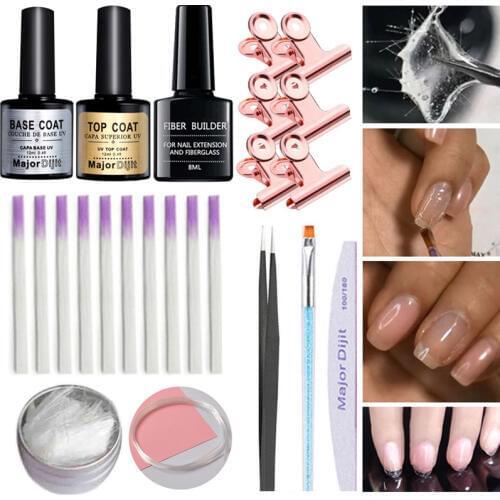 Nail Art Fiberglass For UV Gel DIY Nails Clear Acrylic Nail Extension Tips With Top&Base Coat 6Pc Clips DIY Manicure Tools