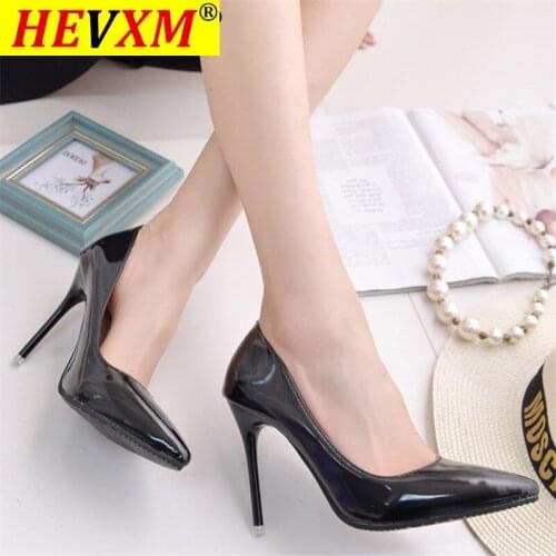 New 10cm nude color pointed high heels stiletto shallow mouth sexy black patent leather work shoes womens shoes 2021