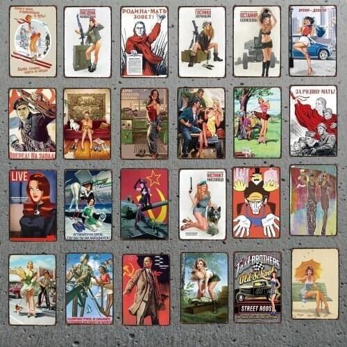 Vintage Russian Metal Plaque Pin Up Sexy Girl Tin Sign Pub Club Bar Cafe Shop Home Wall Art Decor Metal Plate Iron Painting