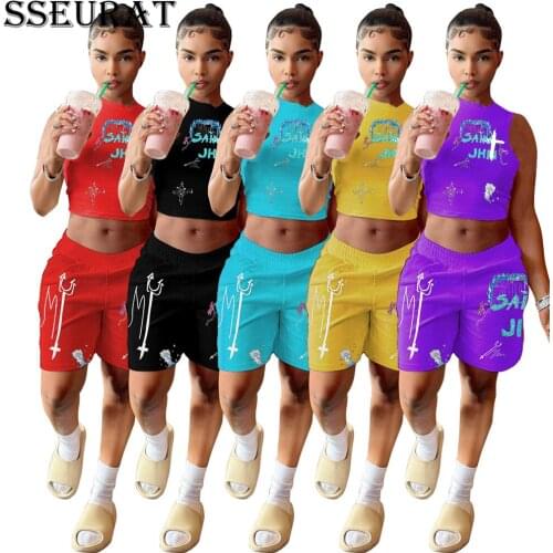 SSEURAT Letter Print Round Neck Sleeveless Vest Top & Shorts Two Piece Set Women Summer 2021 Fashion Casual Suits