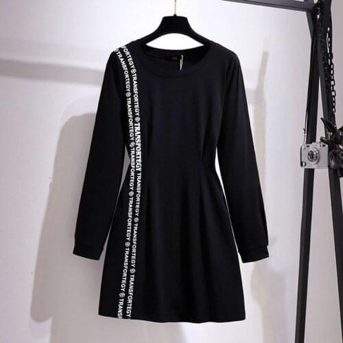 150Kg Plus Size Womens Autumn Long Sleeve Letter Waist Dress Bust 153cm 5XL 6XL 7XL 8XL 9XL Loose Slim Cotton Dress Black