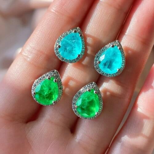 2020 Simple Hypoallergenic Earring For Women Water Drop 8*10MM Emerald Paraiba Tourmaline Gemstone Married Fine Jewelry Gifts