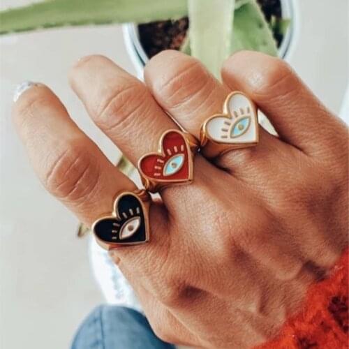 2021 New Fashion Jewelry Waterproof Enamel Red Black White Heart Shape Evil Eye Ring Womens Gold Plated Stainless Steel Ring