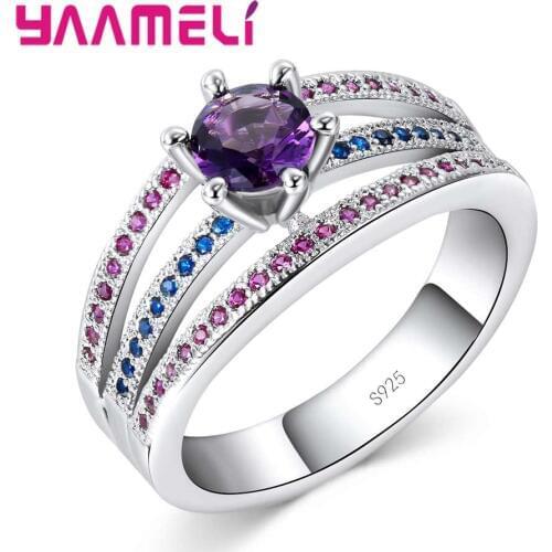 3 Row Fashion Hollow Design Purple&Blue Shiny Crystal 925 Sterling Silver Wedding Jewelry Finger Rings