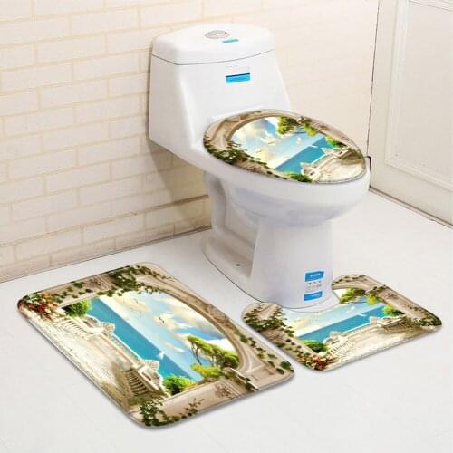 3pcs/Set Bathroom Mat Flowers Spring Seaside Scenery Street Retro Garden Stone Wall Bathtub Toilet Carpet Non-Slip Rug Decor