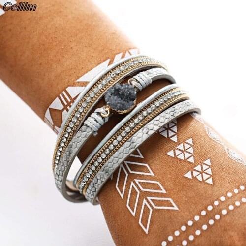 Bohemia Multilayer Leather Bracelets For Women 2021 Fashion Boho Resin Charm Rhinestone Chain Wrap Bracelet Femme Jewelry