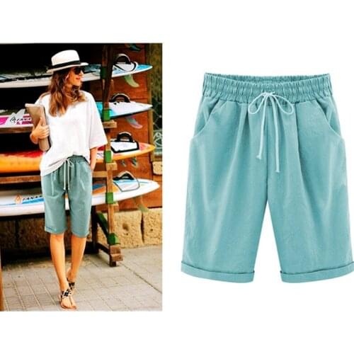 Summer Plus size Casual Thin Section Five Points Pants Women 2021 Beach Casual Solid Drawstring Pocket Straight Trousers Female