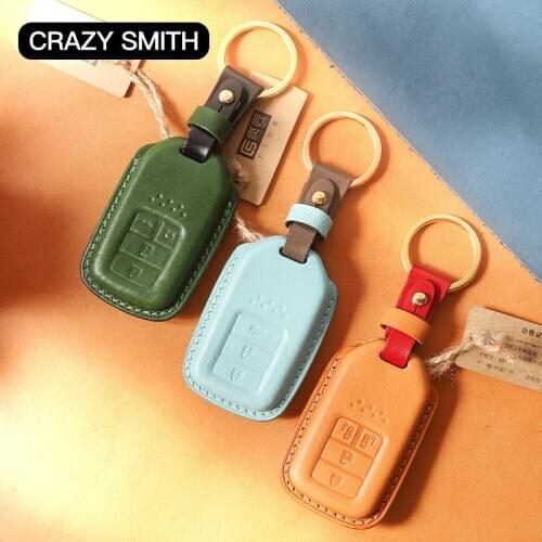 Crazy Smith Handmade Car Key Cover for Honda 4 Buttons Vegetable Tanned Leather High Quality Craftsmanship The Best Gift Brown