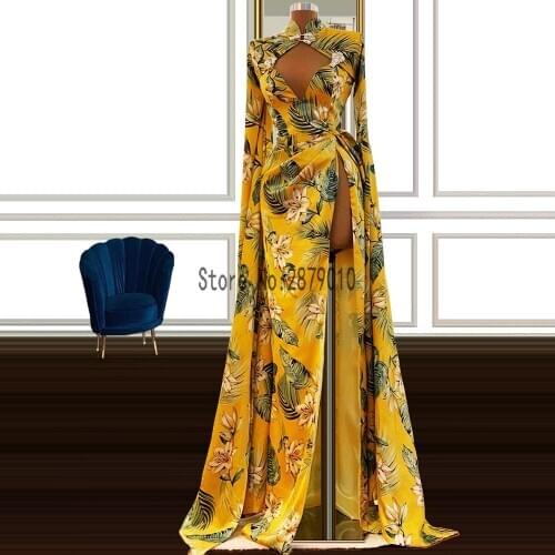 Dubai Floral Print Yellow Evening Dresses Muslim Long Robes Kaftans Sheath High Neck Evening Gowns Split Party Dress