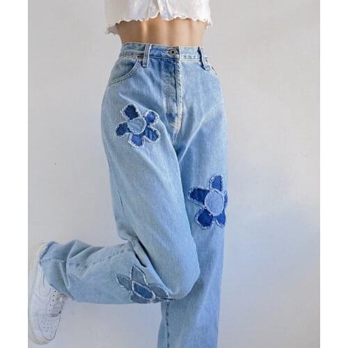 Y2k Jeans Fashion Boyfriends High Waist Denim Stylish Floral Embroidery Straight Pants for Women Female Capris Streetwear