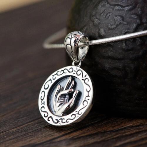 FNJ 925 Silver Round Pendant Fashion Lotus Buddha Hand 100% Pure S925 Original Thai Silver Pendants for Women Men Jewelry Making