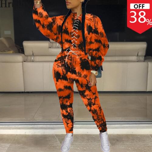 Tie Dye Club Outfits for Women Long Sleeve Tops Criss-cross Lace Up Elastic Waist Long Pants Jogging Suits for Women Streetwear