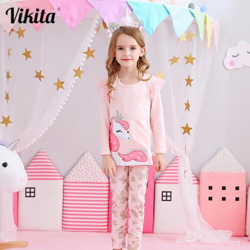 VIKITA Kids Unicorn Clothing Sets Baby Girls Clothes Princess Unicorn Cartoon T shirt and Leggings Kids Casual Clothing Suit