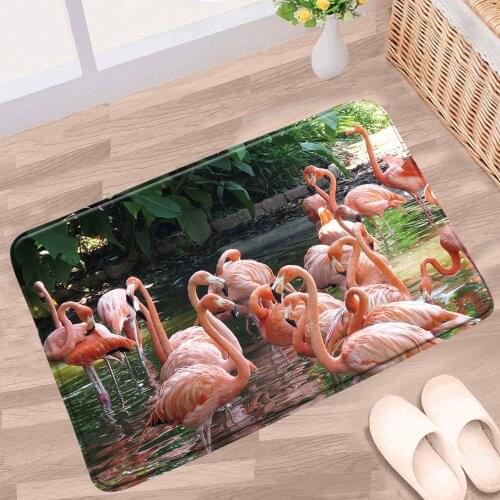 Pink Flamingo Bathroom Mat Green Plants Leaves Flower Animal Pattern Non-slip Rug Flannel Kitchen Entrance Doorway Aisle Carpets