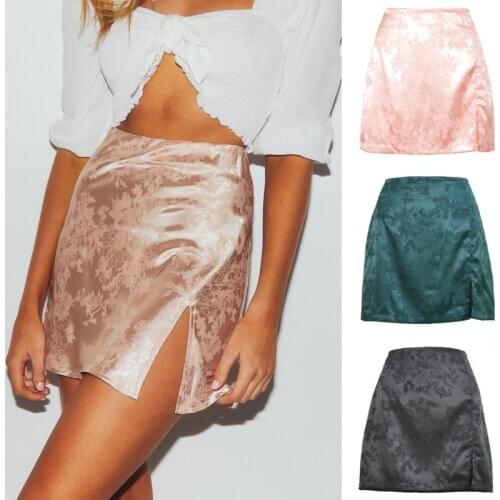 Summer Floral Satin Skirt Women 2021 Side Split High Waist Short Skirt Woman Sexy Mini Jupe Femme Casual Black Pink Skirts