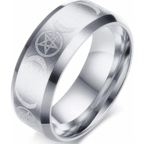 Fashion Stainless Steel Crescent Moon and Pentagram Jewelry Triple Moon Goddess Wicca Witchcraft Gold Black Rings For Women Gift