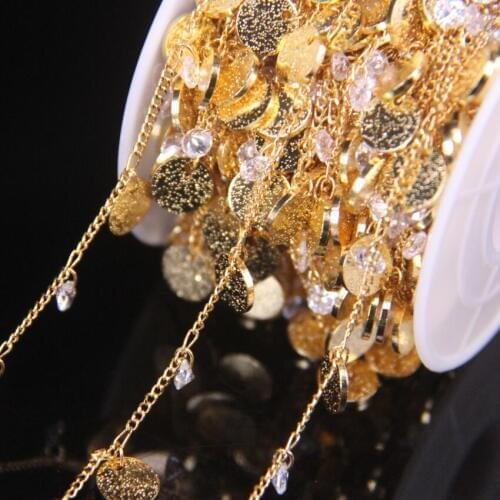 New!! 5meters Gold Plated 8mm Dangling Brass Disc&Zircon Chokers Chains,Handmade Craft Necklace Bracelet Rosary Chains Jewelry