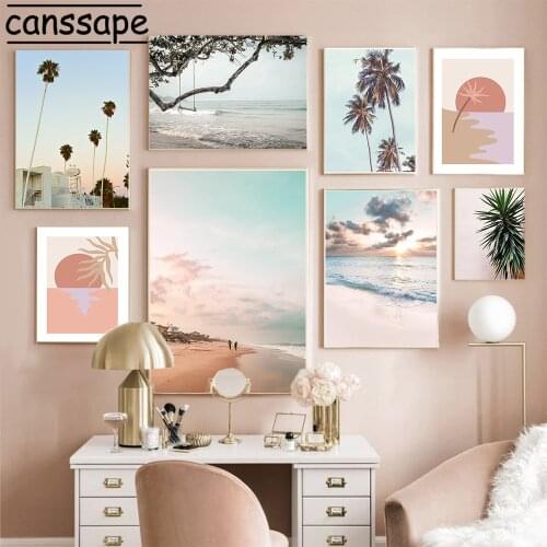 Beach Landscape Poster Ocean Sunset Canvas Painting Palm Tree Art Print Scandinavian Wall Pictures For Living Room Decoration