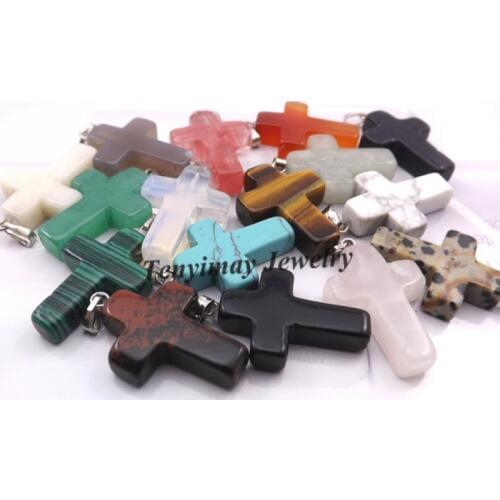 Mixed Semi-precious Stone Cross Pendant For Necklace, Real Natural Stone Pendant 24pcs/lot Wholesale