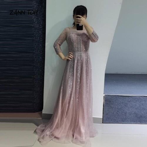 Pink Evening Dresses Long 2020 O-neck Beading Tulle Party Dress Gowns For Women Robe De Soiree