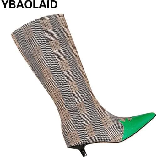 Lattice Stitching But Knee Boots Knight Boots Autumn and Winter New Pointed Toe Small Mid-heel Canvas Tall and Thin Boots